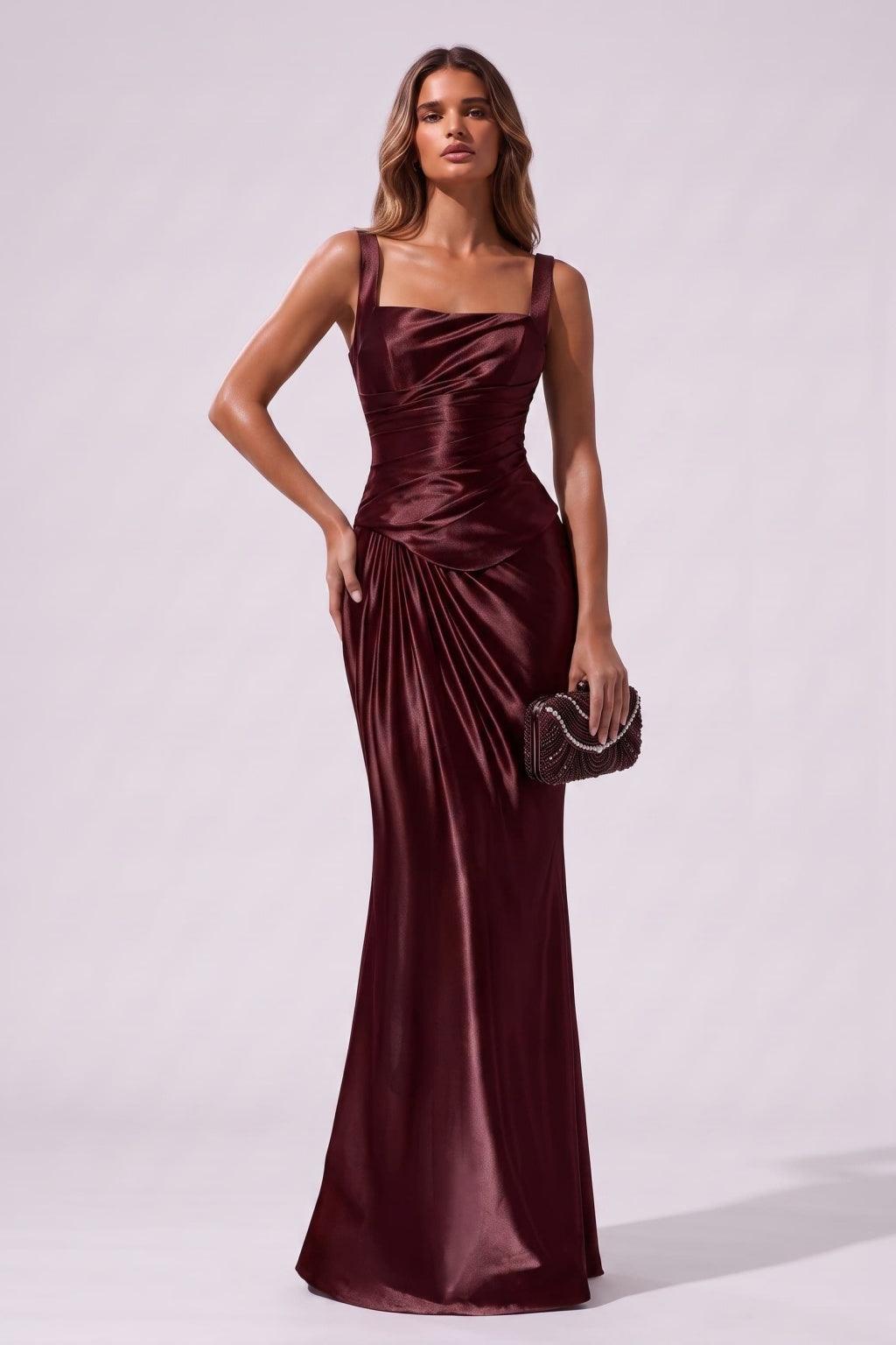 Trumpet-Mermaid Floor Length Stretch Satin Wedding Guest Dress CG0381 - Wine - COCOMELODY